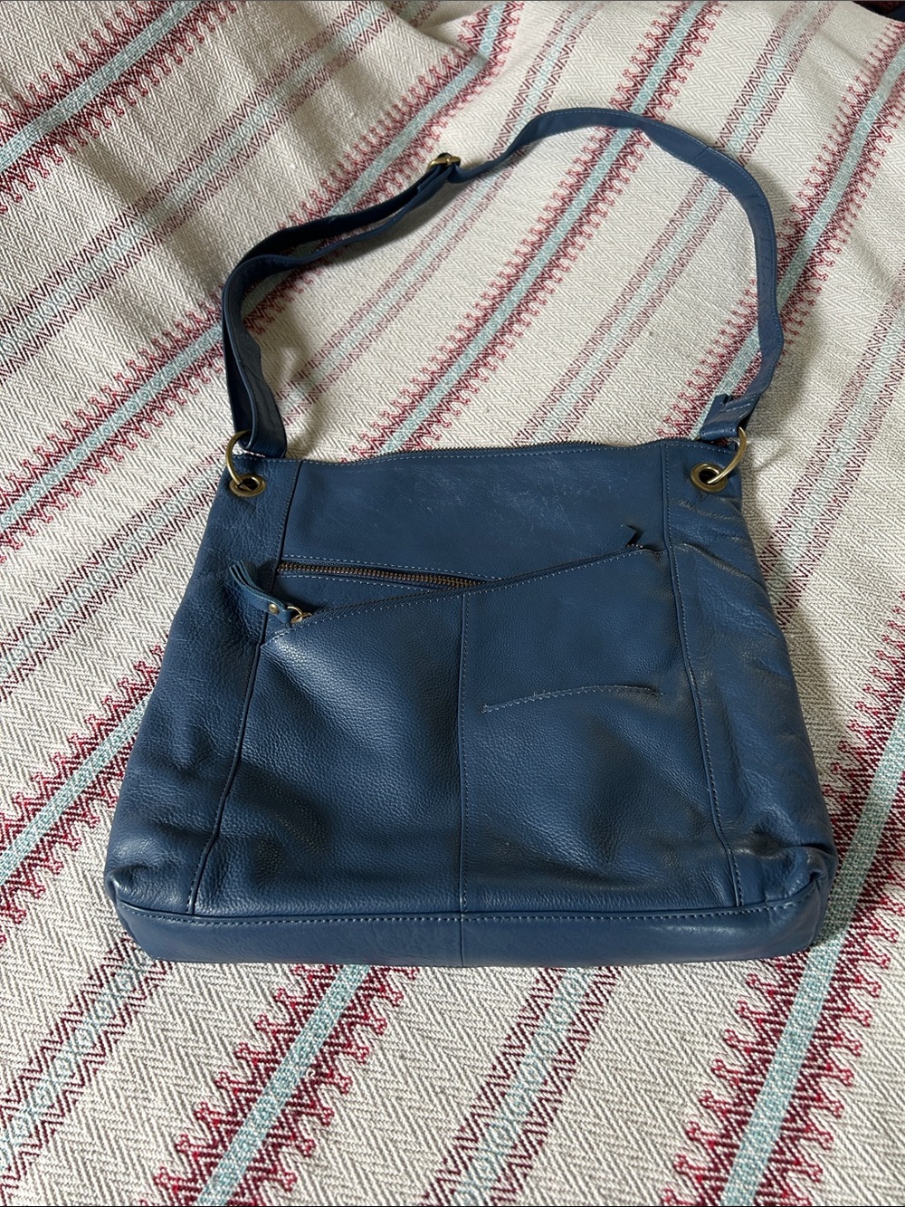 Classic Blue Leather Adjustable Crossbody Bag with Front Zip Pocket